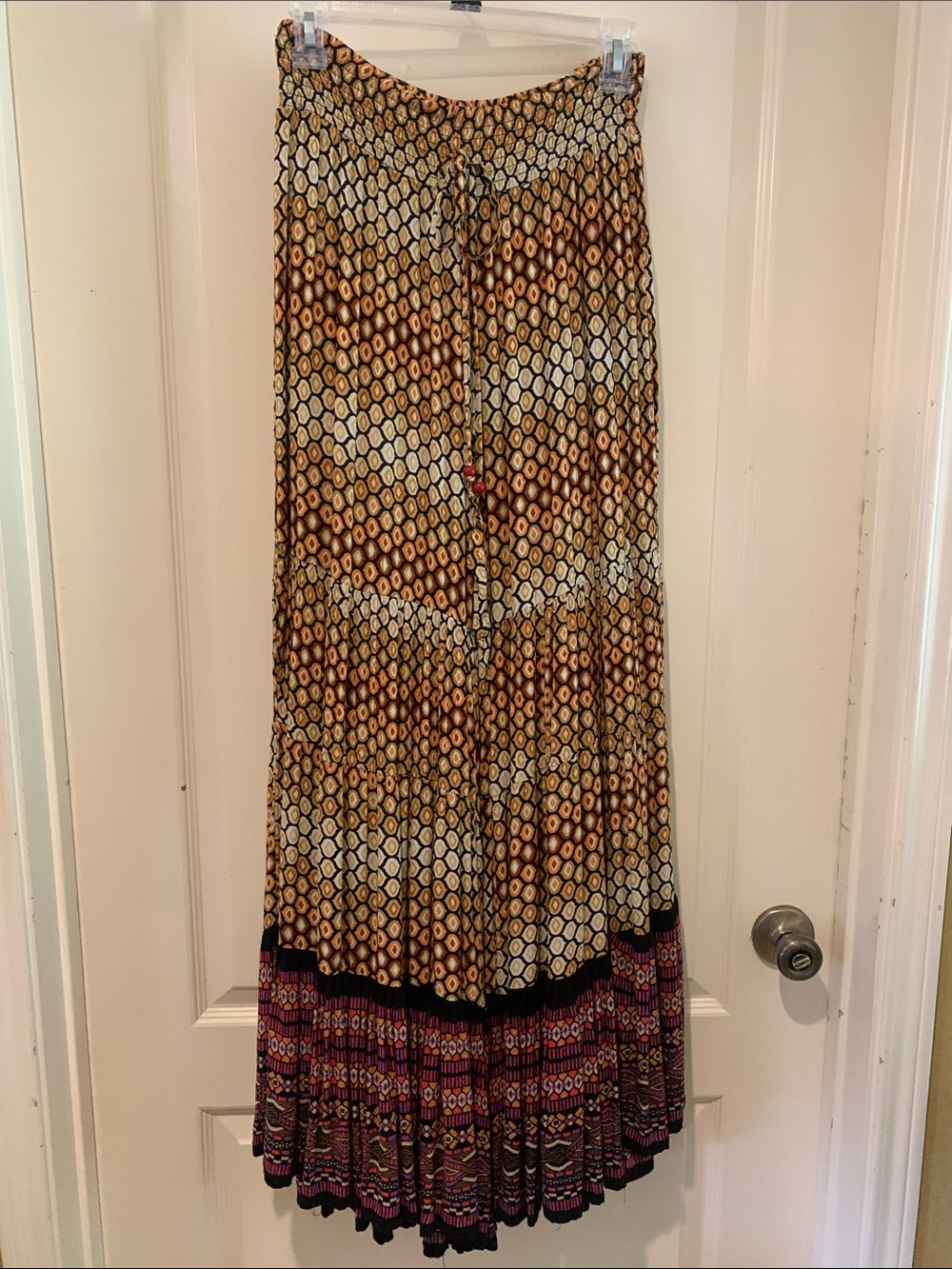 Truth NYC Printed Wide Leg Pants in Brown, Cream & Purple Accents